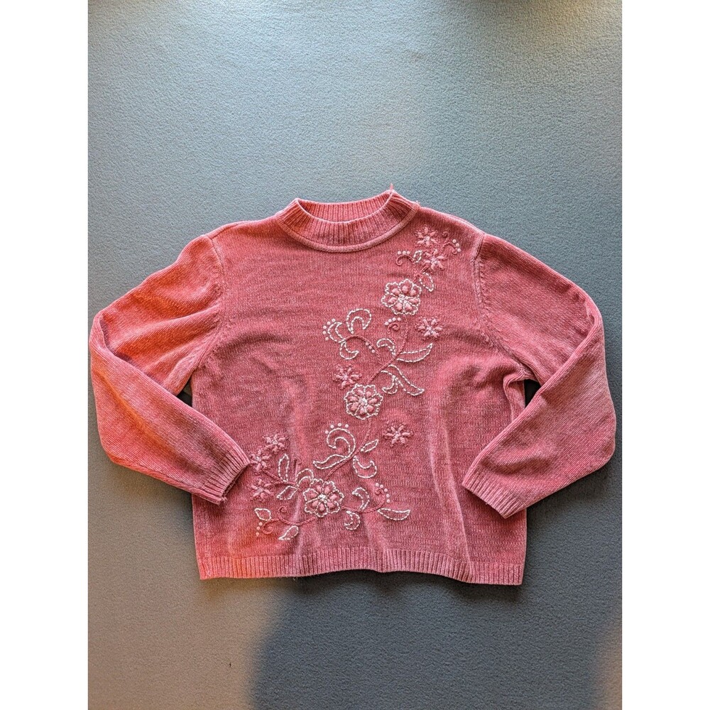Alfred Dunner Women XL  Sweater Pink Floral Embroidered Beaded Cottagecore